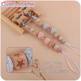Baby Carve Custom Name Cartoon Pink Wool Ball Star Silicone Wooden Pacifier Clip Crown Teething Chain Teether Clip Children Gift 240311