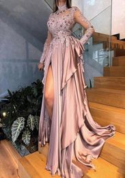 2020 Arabic Aso Ebi Beaded Appliques High Neck Long Sleeves Prom Dresses Sexy Dusty Pink Split Ruffles Formal Evening Gowns Wear P9854766