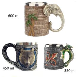 Mugs Decorative 3D Animal Mug Dragon Elephant Wolf Stainless Steel Beer Cup Creative Decoration Beverage Vessel