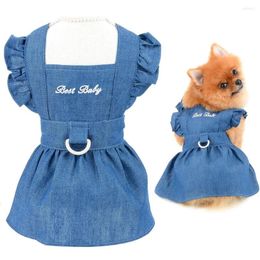 Dog Apparel Summer Denim Harness Dress Ruffles Puppy Princess For Girls Small Dogs Cat Jean Skirt With D-Ring Female Pet Clothes