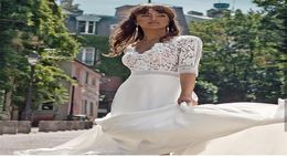 Cheap Summer Mermaid Wedding Dresses Half Sleeve Tops Lace Appliques Chiffon Long Skirt Simple Country Beach Elegant Bridal Gowns 8670863