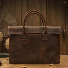 Briefcases Handmade Genuine Leather Briefcase Rero Cowhide HandBag For Men Casual 16inch Laptop Bag Vintage Crazy Horse Office Tote