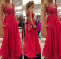 2019 Red Long Prom Dresses With Crystal Beaded Sexy Backless V Neck A Line Simple Formal Evening Dresse Vestido De Festa1466253