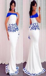 Plus Size Evening Dresses With Royal Blue Appliques Peplum Off The Shoulder Mermaid Prom Dress Zipper Satin African Women Formal P3649476