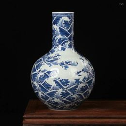 Vases High Grade Antique Handicraft Blue And White Porcelain Carving Sea Water Dragon Sky Jingdezhen Vase Ceramic Decoration