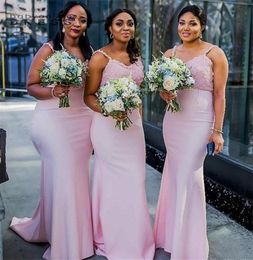 Romantic Pink Mermaid Bridesmaid Dresses Plus Size African Girls Spaghetti Straps Appliqued Top Long Maid of Honour Gowns Wedding G5258442
