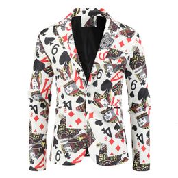 Fashion Style Mens Korean Version Poker Printed Perform Blazer Vintage Blazer for Men Casual Business Party Wedding Dress 240309