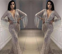 2019 Cheap Silver Sequins Prom Dress Plunging V Neck Long Sleeves Pageant Holidays Graduation Wear Evening Party Gown Custom Made 5469337