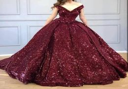Sparkly Burgundy Sequined Off Shoulder Quinceanera Dresses Sweet 16 Prom Dresses V Neck Sequins Ball Gown Evening Party Dress2437312
