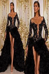 2020 Black Arabic Aso Ebi Prom Dresses Long Sleeve Lace Beaded High Low Celebrity Evening Gowns Illusion Ruffles Formal Party Dres5762961