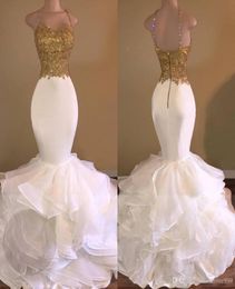 Unique Mermaid Gold And White Prom Dresses Long 2019 Applique Ruffles Backless Evening Party Gowns Robe De Soiree Party Dresses6193595