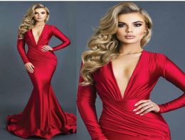 Sexy Long Red Mermaid Evening Dresses Deep Vneck Long Sleeves Spandex Formal Dress Evening Gowns Prom Dress Vestidos Custom Made 9020983