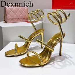 Sandals 2024 Summer Open Toe Women's Snake Ring Design Thin High Heel Narrow Band Fairy Party Sexy Dress Flat Shoes