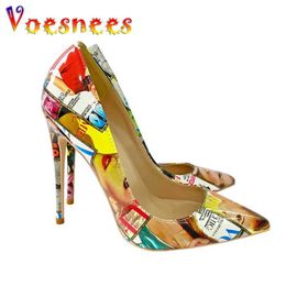 Dress Shoes Europe And America Style Colorful Single Street Fashion Poster High Heels 12CM Nightclub Pointed Toe Women Printing Pumps H240325