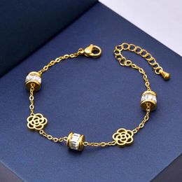 Link Bracelets Luxury Design Stainless Steel Gold Colour Flower Zircon Charm Bracelet For Women Fashion Ladies Bangles Jewellery Birthday Gift
