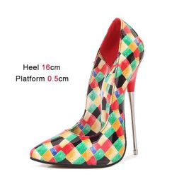 Dress Shoes On The Bed Fun High Heels Are Sexy 16CM Large Size Worn By Role-player Pointed Tip Women Pumps Chequered Printing H240325
