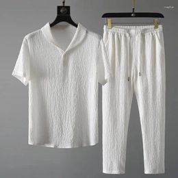 Men's Tracksuits Spring/Summer Short Sleeve T-shirt Pant 2PCS Set Men Light Luxury Pleated Leisure Sports Suit Solid Homewear Male C66