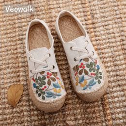 Loafers Veowalk Vegan Handmade Women Linen Canvas Espadrilles Sneakers Comfortable Lace Up Flat Embroidered Shoes Black Beige Grey