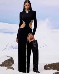 High Fashion Women Black Trimming Cut Out Evening Sleeveless Bodycon Elegant Midi Dresses