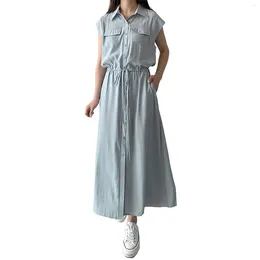 Casual Dresses Summer Drawstring Shirt For Women Fashion Lapel Single-breasted Cotton Linen Long Dress Lady Office Pocket