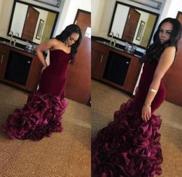 2019 Strapless Mermaid Prom Dresses Burgundy Satin Zipper Back Cocktail Party Gowns Tiered Skirts Formal Evening Dresses Custom Ma5966881