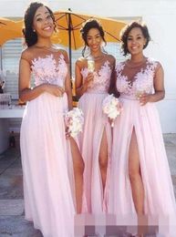 2019 Blush Pink Long Bridesmaid Dresses Chiffon Lace Appliqued Floor Length High Slits Maid Of Honor Prom Gowns Wedding Guest Dres9117739