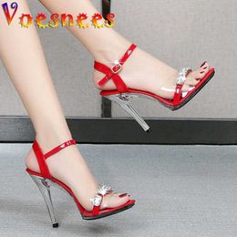 Dress Shoes Women 2022 Summer New Candy Color Open Toe Sandals 11CM Shining Diamond Stiletto Female Sexy Transparent High Heels H240325