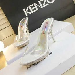Dress Shoes 2020 Summer Women Sexy High-heeled Cool Slides Slippers Female Transparent Crystal Waterproof Sandals Thick Fish Mouth H240325