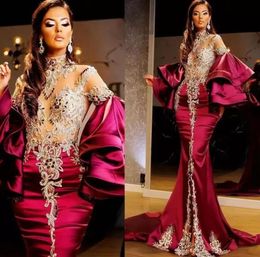 One pcs 2022 Sparkly Arabic Aso Ebi Dark Red Mermaid Prom Dresses Crystals Beaded High Split Long Sleeves Plus Size Evening Formal9768720