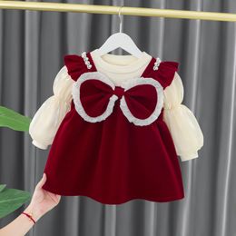 Autumn Toddler Winter Baby Girls Dress Kids Red Christmas Year Plush Warm Infant Clothing Set Topskirt For 14 Years 240311