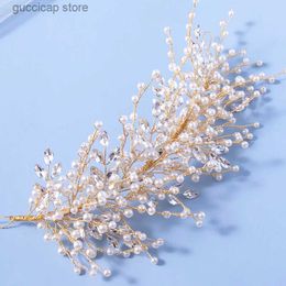 Tiaras Bridal Luxury Full Pearls Crystal Glod Colour Headbands For Bride Women Tiaras Hair Vines Bands Handmade Wedding Hair Accessories Y240320