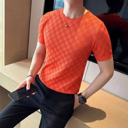 Men's T-Shirts 2023 Brand Clothing Mens Summer Casual Short sleeved T-shirt/Mens Slim Fit Plain Pattern Fashion Knitted T-shirt Plus Size S-4XL J240319