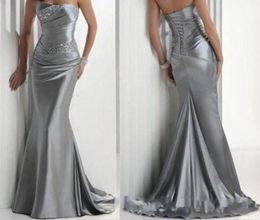 Anniversary of our Shop In Stock Sexy Strapless Beaded Silver Elastic Satin Mermaid Satin Bridesmaid Evening Prom Dresses un6526763