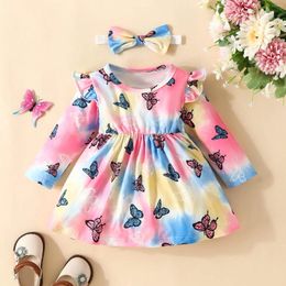 Girl Dresses Toddler Girls Long Sleeve Tie Dye Butterfly Prints Dress Headbands Baby Flower Wedding For