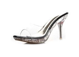 Dress Shoes 2019 Best Sellers New Villi Slippers Women Crystal High Heels 9.5CM Sexy Flip Flops Summer PVC Ladies H2403252M549