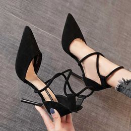 Dress Shoes Four Seasons Womens Suede High Heels 9cm2023 New Pointed Stiletto Fashion Sexy Black Wedding Nude Bridal H240325