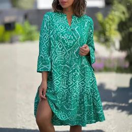 Casual Dresses For Spring Summer Splic Dress 2024 Retro V-Neck Flared Sleeves Geometric Print Sexy Midi Vestido