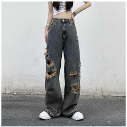 Women's Jeans American High Waist Ripped Summer Street Unisex Style Trousers Female Straight Wide Leg Distressed Denim Pants
