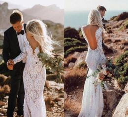 Cheap Mermaid Open Back Boho Wedding Dress Lace Long Sleeves Beach Garden Country Church Bride Bridal Gown Custom Made Plus Size6347174