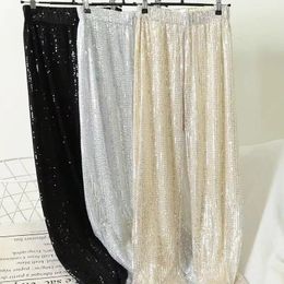 Sidaimi Silver Full Sequined Women Wide Leg Pant Elastic Waist Bling Luxury Chic Capris Casual Gold Long Pant Female Club 240309
