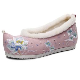 Boots Chinese Style Women Flats Lotus Embroidered Classic Retro Hanfu Shoes Beads Cloth Soft Ballets Woman