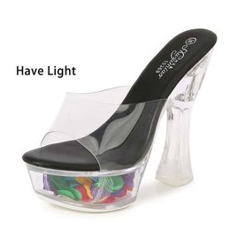 Dress Shoes Flashing Light Clear PVC Woman Slippers Summer Transparent High Heels 14CM Club Sandal Outdoor Luminous Crystal Platform H240325
