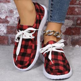 Casual Shoes Women's Sports Red Plaid Canvas Breathable Women Flat Lace Up Round Head Vulcanised