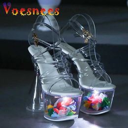 Dress Shoes Fashion Transparent Belt Sandals Summer New Nightclub Light Up Glowing Stage Round Heel Petal Platform Crystal H240325