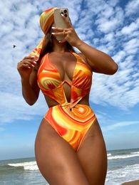 Women's Swimwear 2024 Orange Tie Dye Gradient One Piece Swimsuit Women Hollow Out Underwire Monokini Beach Bathing Suit Backless