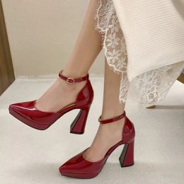 Boots New Strap Woman Wedding Shoes Heels Sandals Patent Leather Pointed Toe Ladies Sexy White Red Platform Pumps Womens Shoes