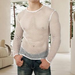 Men's T Shirts Men Cutout Long Sleeve Top Hip Hop Streetwear Fishnet Hollow Out O Neck Short Pullover Stylish Club For A Bold