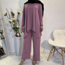 Ethnic Clothing Women Casual Fashion Muslim Set 2 Pieces Islamic Long Sleeve Tops And Wide Leg Pants Suit Trousers Dubai Turkey Outfits