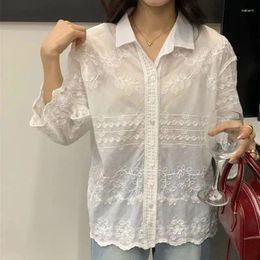 Women's Blouses Spring Summer Lace White Blouse Women Flower Embroidery Chic Shirt Elegant Turn Down Collar Long Sleeve Loose Top Blusa T970