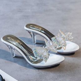 Dress Shoes 2020 PVC HOT Female Slipper Butterfly-knot Women Transparent High Heels 6.5CM Summer Peep Toe Crystal H240321